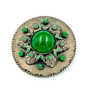 Vintage Silver Brooch With Green Stones 2" Diameter Read Description
